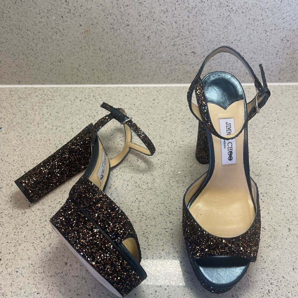 Jimmy Choo Peach Glitter Platform Heels 41.5‎